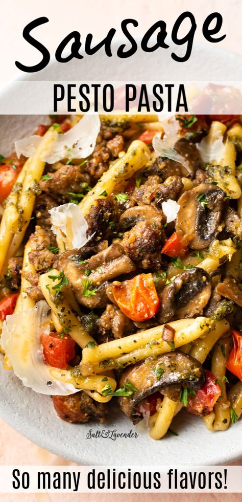 Sausage Pesto Pasta, Recipes Using Pesto, Sausage And Peppers Pasta, Pesto Pasta Recipe, Sausage Pasta Recipes, Italian Sausage Pasta, Pesto Pasta Recipes, Italian Sausage Recipes, Easy Italian