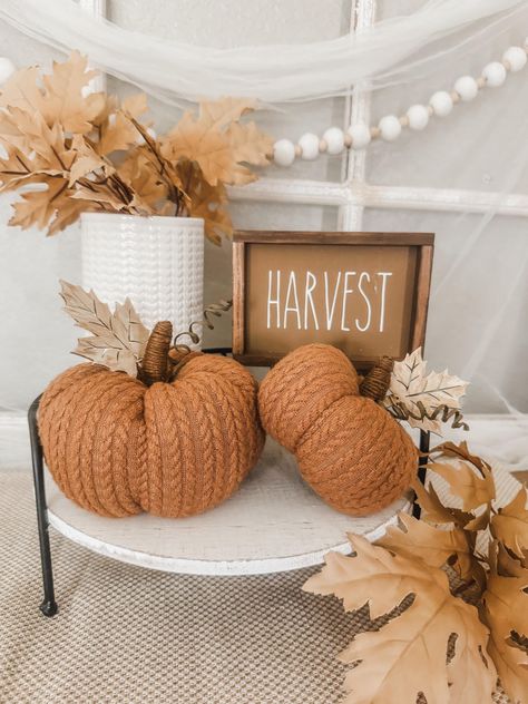 These sweater pumpkins are great additions to any Fall or Thanksgiving decor.  Sold as a set of two, you will receive two sizes.  The larger pumpkin measures approximately 6 inches wide and approximately 3.5 inches tall, not including the stem or leaf (total height with leaf is approximately 6 inches from the top of the leaf to the bottom).  The smaller pumpkin measures approximately 4.5 inches wide and approximately 2.75 inches tall (total height including the leaf is approximately 4.25 inches Fall Home Decor Retail Display, Fall Home Vibes, Hobby Lobby Fall Decor 2024, Autumn Shelf Decor, Fall Banister Decor, Living Room Fall Decorations, Fall Decor Cheap, Fall Couch Decor, Classy Fall Decor