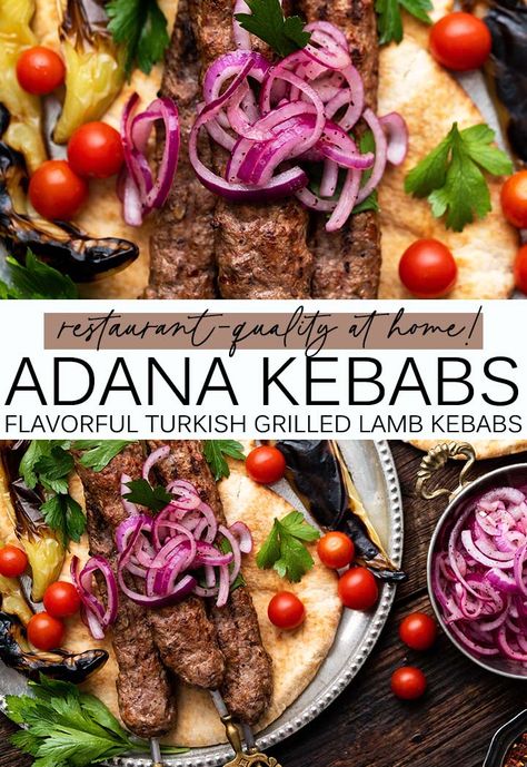 Adana Kebab Recipe (Turkish Ground Lamb Kebabs) Turkish Adana Kebab, Turkish Lamb Kebab Recipes, Turkish Kebabs Recipe, Ground Lamb Seasoning, Turkish Kofte Recipe, Turkish Lamb Recipes, Turkish Adana Kebab Recipe, Mezze Plate, Adana Kebab Recipe