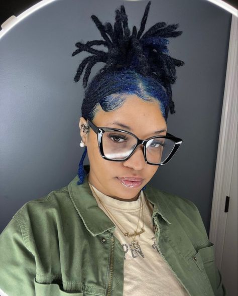 Midnight Blue Locs Black Women, Teal Locs Black Women, Blue Black Locs, Blue Dreads Black Women, Midnight Blue Locs, Dark Blue Locs, Loc Colors Black Women, Blue Locs Black Women, Blue Locs