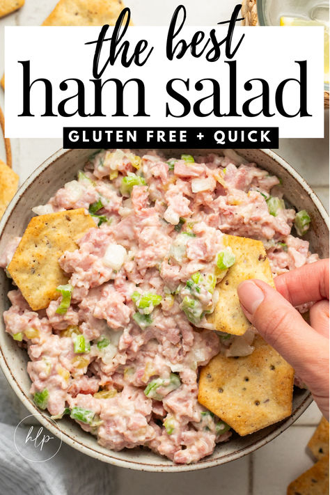 A bowl of ham salad being dipped with crackers Chopped Ham Sandwich, Best Ham Salad, Ham Salad Recipe, Summertime Meals, Sandwich Spread Recipes, Fresh Green Salad, Asian Chopped Salad, Ham Salad Recipes, Chicken Salad Recipe Easy