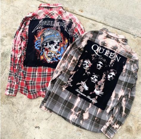 Reworked Flannel Shirt, Flannel Shirt With Patch On Back Diy, Diy Patch Jacket, Flannel Upcycle Diy, Metallica Patch, Punk Flannel, Flannel Upcycle, Grunge Flannel Shirt, Flannel Shirt Refashion