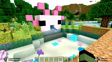 Pink Minecraft axolotl pond Axolotl Pond Minecraft, Pond Minecraft, Minecraft Lake, Minecraft Axolotl, Pink Axolotl, Minecraft Plans, Minecraft Builds, Cute Aesthetic, Minecraft