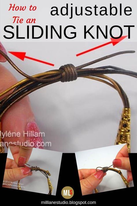 Learn how to tie an adjustable knot to finish the ends of your leather jewellery instead of attaching a clasp. The sliding knot also makes it easy to take off and put on without any help and adjust for the perfect fit. #MillLaneStudio #leatherjewelryknot #adjustableknot #howtotieaslidingknot #leathertutorial #leatherbraceletdiy Macrame Adjustable Knot, How To Tie An Adjustable Knot Bracelets, Tie A Bracelet, Ceramic Necklaces, Slip Knot Bracelets, Sliding Knot Bracelet, Western Jewellery, Leather Tutorial, Adjustable Sliding Knot