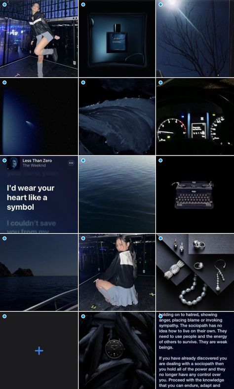 Dark Blue Instagram Feed, Blue And Black Aesthetic, Blue Feeds, Ig Feed Ideas, Insta Layout, Aesthetic Captions, Instagram Creative Ideas, Bts Jungkook Birthday, Instagram Feed Inspiration