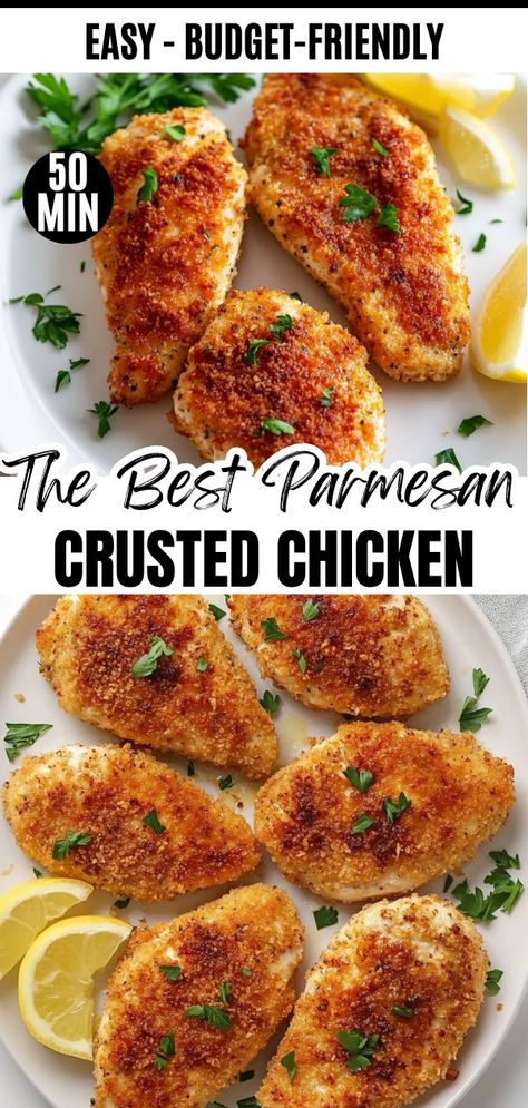 baked Parmesan Crusted Chicken breast topped with fresh herbs and served with a lemon wedge. Crusted Parmesan Chicken, Parmesan Chicken Recipes, Crusted Chicken Parmesan, Baked Chicken Breast Recipes, Baked Parmesan Chicken, Parmesan Crusted Chicken Recipe, Chicken Parmesan Recipe Easy, Crusted Chicken Recipes, Chicken Parmesan Recipe