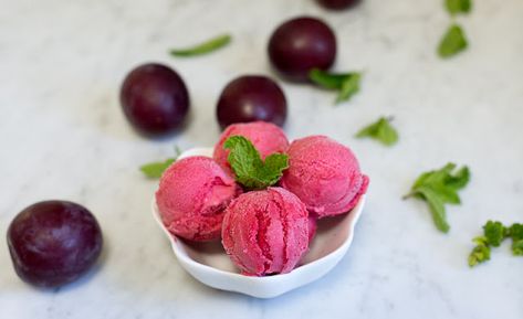 Santa Rosa Plum Recipes, Plum Sorbet, Plum Recipes, Ice Cream Maker, Frozen Desserts, Dutch Oven, Food Processor Recipes, Plum, Raspberry