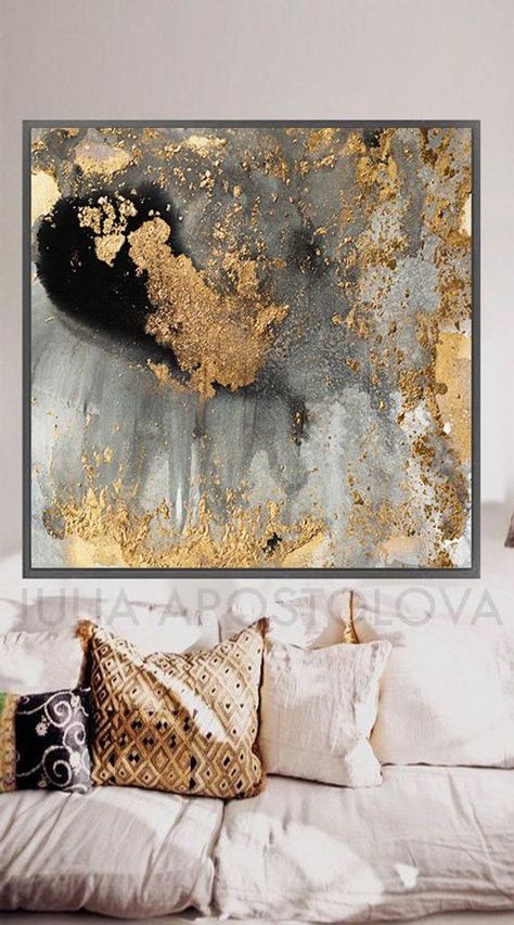 Gold Leaf Decor, Koti Diy, Bedroom Children, Leaf Artwork, Gold Leafing, Black Watercolor, Large Abstract Wall Art, Leaf Painting, Hang Art