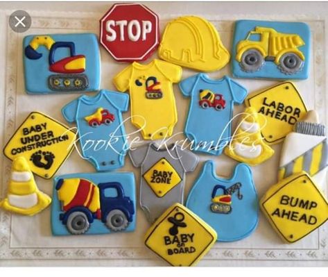 Construction Baby Shower Theme, Truck Baby Shower Theme, Biscuit Icing, Construction Cookies, Construction Baby Shower, Onesie Cookies, Shower Cookies, Construction Theme, Baby Boy 1st Birthday