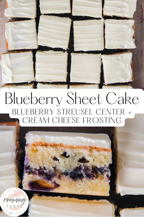 Slices of blueberry sheet cake are served up with the homemade blueberry streusel center visible in the cake alongside the nice smooth cream cheese frosting Blueberry Cake With Cream Cheese Icing, Blueberry Sheet Cake, Homemade Blueberry Cake, Vanilla Icing Recipe, Blueberry Cake Mix, Blueberry Streusel, Vanilla Sheet Cakes, Fruity Dessert, Sheet Cake Recipe