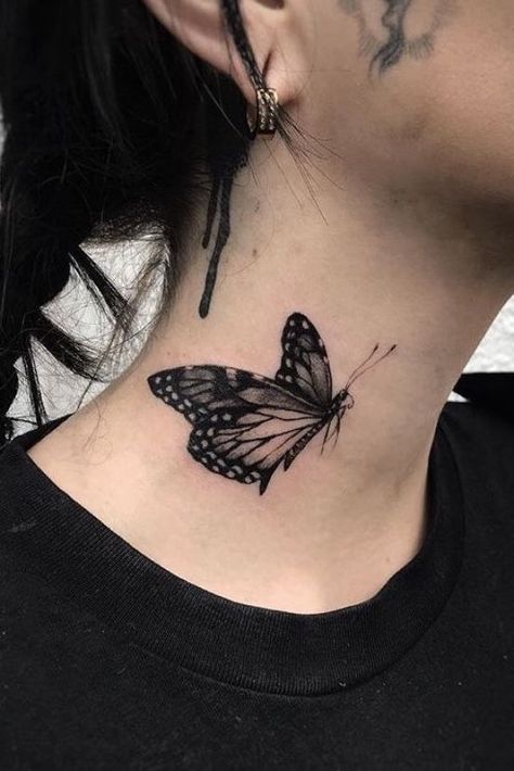 15 Incredible Neck Tattoos You Won’t Regret A Butterfly Tattoo, Butterfly Neck Tattoo, Best Neck Tattoos, Wing Butterfly, Butterfly Hand Tattoo, Side Neck Tattoo, Small Butterfly Tattoo, Neck Tattoos Women, Neck Tattoo For Guys