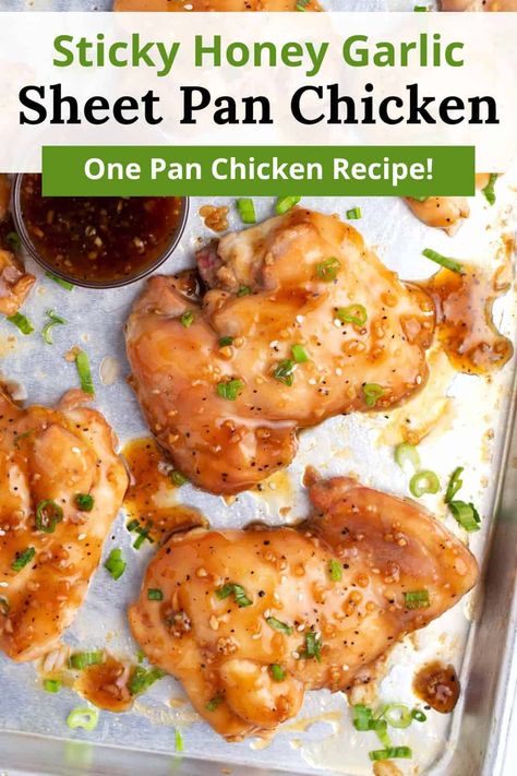 This Honey Garlic Sheet Pan Chicken Recipe is a lifesaver on busy weeknights! Grab some boneless skinless chicken thighs, whip up a simple homemade soy sauce glaze, and cook everything in the oven on a baking sheet for an effortless, hands-free meal that will be done in just 25 minutes! Recipes With Boneless Chicken Thighs, Garlic Sheet Pan Chicken, Boneless Skinless Chicken Thighs Recipes, Shredded Chicken Breast Recipes, Homemade Soy Sauce, Soy Sauce Glaze, Broccoli Dinner, Chicken Thigh Recipes Boneless Skinless, Sheet Pan Meals Chicken