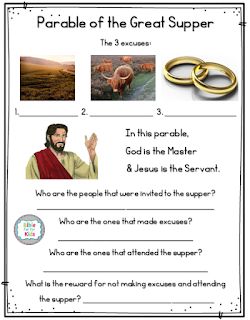 Parable of the Great Supper (feast, banquet or dinner) lesson, ideas and printables #Biblefun #parablesofJesus Parable Of The Wedding Feast Craft, The Great Banquet Parable Craft, Parable Of The Great Banquet, Parable Of The Wedding Feast, Bible Parables, Bible Story Activities, Sunday Activities, Bible Worksheets, Good Friday Easter