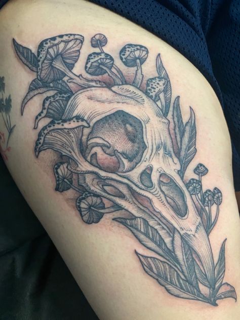 @tanner_drake_tattoos Black And Grey Witchy Tattoos, Spooky Bird Tattoo, Tattoo Ideas Bones, Taxidermy Tattoo Ideas, Raven Skull Tattoo Design, Cool Goth Tattoos, Animal Bone Tattoo, Goth Sleeve Tattoo, Goth Back Tattoo