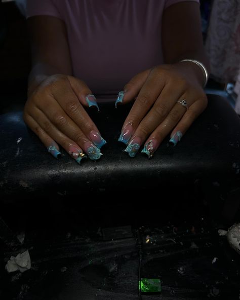 Blue summer duck nails - - - - - - - - - - #nailsnailsnails #nailtech #brocktonnailtech #explore #explorepage Teal Duck Nails, Blue Duck Nails, Teal Blue Nails, Nails Teal, Teal Duck, Blue French Tips, Teal Nails, Duck Nails, Short Nail