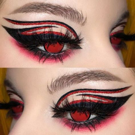 Red Eyeliner Makeup, Goth Eye Makeup, Makeup Pictorial, Punk Makeup, Cute Eye Makeup, Face Art Makeup, Face Paint Makeup, Rave Makeup, Graphic Makeup