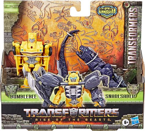 Bumblebee action figure converts from robot to licensed Camaro mode. The Snarlsaber figure converts from black panther to armor mode and attaches to Bumblebee figure. Bumblebee Toys, Beast Film, Transformers Rise Of The Beasts, Transformers Film, Rise Of The Beasts, The Beast Movie, Bumblebee Transformers, Transformers Robots, Transformers Bumblebee