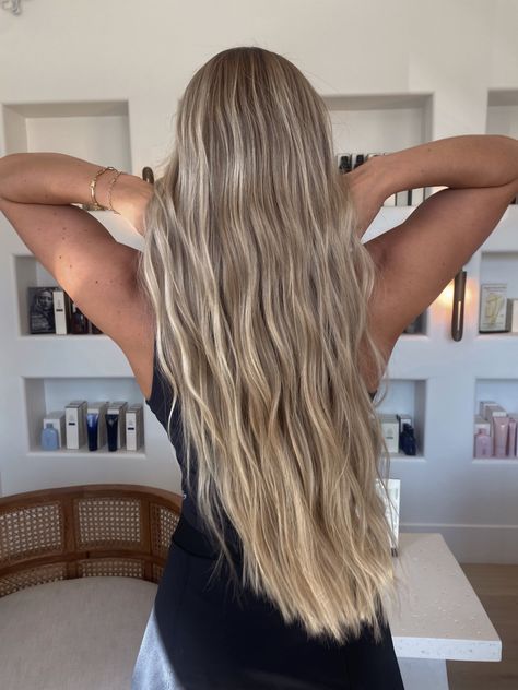 Cali Blonde Balayage, Beach Washed Blonde, Bright Sandy Blonde Hair, Long Blonde Hair With Dimension, Brown Hair Bright Blonde Highlights, T Bar Highlights Hair Blonde, Long Sandy Blonde Hair, Lived In Ashy Blonde, Emilie Kiser Hair