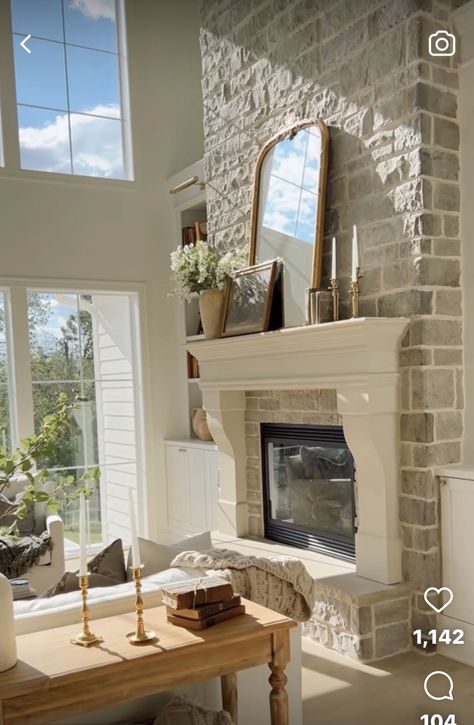 Limestone Brick Fireplace, Cream Stone Fireplace Living Room, Vaulted Ceiling Living Room Fireplace, French Country Fireplace Ideas, Fireplace 2023, French Country Fireplace, Swamp House, Stone Electric Fireplace, Wooden Fireplace Surround