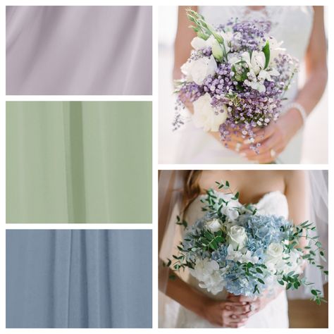 THESE ARE THE EXACT COLORS I WANT!!!! Sage green, dusty blue, lavender. Sage Green Purple Blue Wedding, Lilac Blue And Green Wedding, Blue Purple And Green Wedding Colors, Lavender Blue And Green Wedding, Sage Green And Lavender Wedding Colors, Lavender And Sage Color Scheme, Sage Purple Wedding, Lilac Purple And Sage Green Wedding, Sage Green And Dusty Purple Wedding