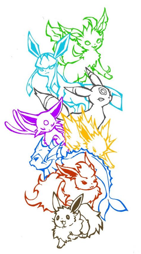 Evee Pokemon Svg, Pokemon Tattoo Eevee Evolution, Eeveelutions Tattoo Sleeve, Eevee Evolutions Drawing, Eeveelutions Tattoo Ideas, Pokemon Eevee Tattoo Ideas, Pokemon Back Tattoo, Pokemon Tattoo Ideas Design, Leafeon Tattoo Design