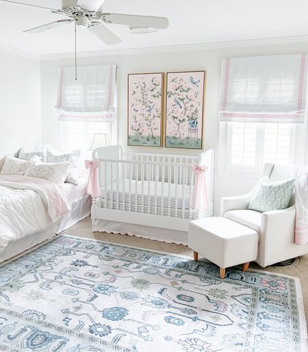 New Roman shades for B’s nursery! Shop my exact nursery art, rug, curtains, crib and more!    #LTKbaby #LTKhome #LTKkids Nursery With Guest Bed, Nursery Pink And Green, Blue And Green Nursery, Blue Nursery Girl, Pink And Green Nursery, Grand Millenial, Girly Nursery, Custom Roman Shades