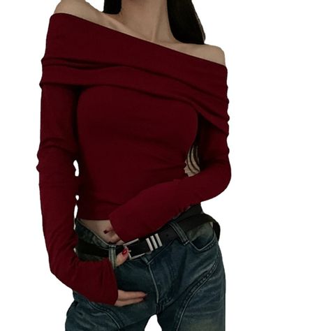 This captivating red one-shoulder long sleeve is a must-have for the modern woman. Perfect for your evenings out, its retro look is ingeniously combined with modern design to create a look that is both timeless and fashion-forward. Crafted from luxurious fabric, this will add a touch of sophistication to your wardrobe. Features: -80% Polyester，20% Elastane -One Shoulder -Solid Color -Regular fit -Vintage style Red Outfit Korean, Red Sweater Outfit, Red Off Shoulder Top, Spring Outfits For School, Red Long Sleeve Tops, Outfit Korean, Outfit Streetwear, Long Sleeve Outfits, Green Cargo Pants