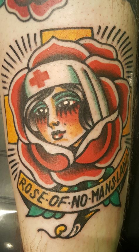 Rose of No Mans Land. Done by Chris Lambert at his shop "Snake and Tiger" Leeds UK Rose Of No Mans Land Tattoo, Rose Of No Mans Land, Stylized Face, Traditional Tattoo Drawings, Nurse Tattoo, Traditional Rose, Green Eyeliner, Red Cheeks, Leeds Uk