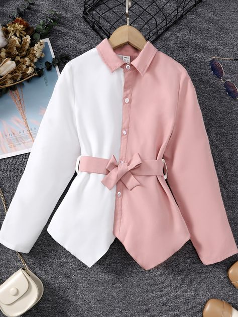 Multicolor Casual Collar Long Sleeve Fabric Colorblock Shirt Embellished Non-Stretch  Girls Clothing Two Tone Shirt Women, Top For Girls Stylish, Female Shirt Designs, Long Shirts For Girls, Blouses Formal, Grey Colour Shirt, Girls Top Design, Two Tone Shirt, Unique Shirts Design