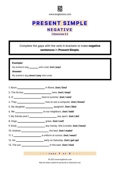 #english #englishgrammar #presentsimple #presentsimpleworksheet #presentsimpletenses #presentsimplenegative #esl #eslworksheet  #engblocks #eslwebsite Language Acquisition Theories, Negative Sentences, She Is Broken, Exercise Activities, Language Acquisition, English Grammar Worksheets, The Verb, English Classroom, Grammar Worksheets