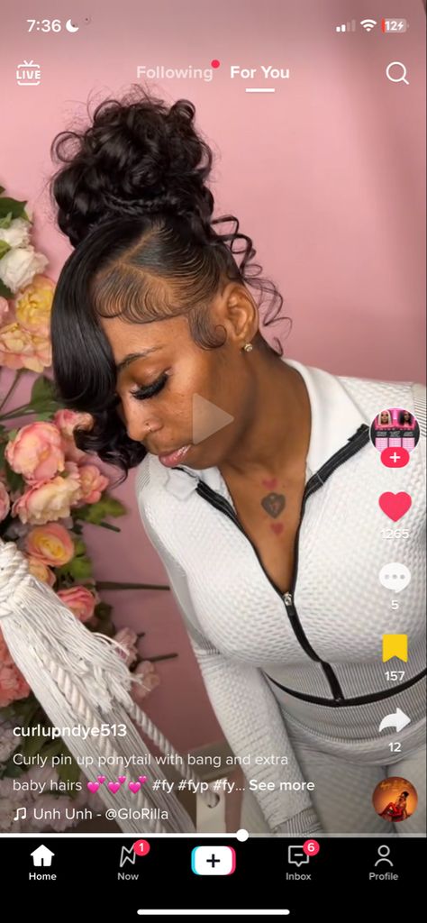 Curly Ponytail Hairstyles With Bangs, 90s Pin Curl Bun, Pin Curls Ponytail For Black Women, Pin Curl Bun With Bangs Black Women, Pin Up With Bangs Black Women, Pin Up Hair Styles Black Women, Messy Updo With Bangs Black Women, Pin Curl Bun With Bang, Pin Up Bun With Bang