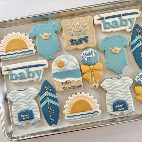 Fondant Biscuits, Surfer Baby Shower, Surfer Baby, Surf Baby, Onesie Cookies, Ocean Baby Showers, Beach Cookies, Beach Baby Showers, Baby Bash