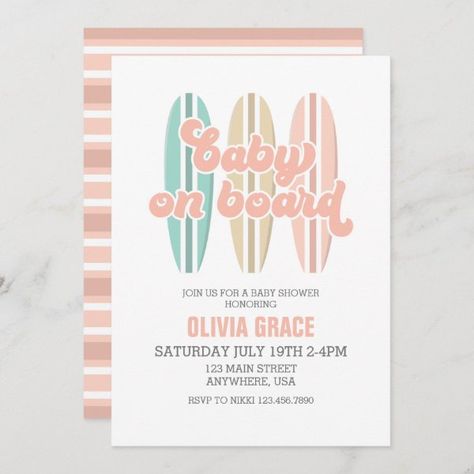 Beach Baby Shower Theme, Surfer Baby Shower, Summer Baby Shower Invitations, Surfer Baby, Retro Baby Showers, Surf Baby, Beach Baby Showers, Summer Baby Shower