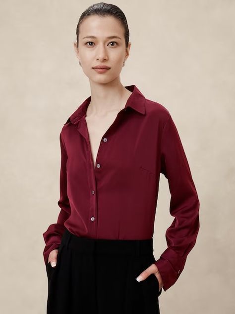 Women's Fall Collection | Banana Republic Factory Silk Shirt Outfit, Silky Shirt, Recycled Polyester Fabric, Banana Republic Women, Satin Shirt, Banana Republic Factory, Satin Blouse, Fall Collection, Box Pleats