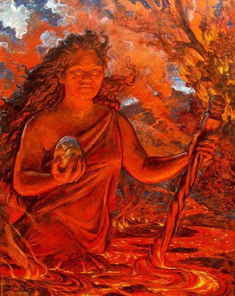 The Goddess Pele, painted by Arthur Johnson, Kilauea Visitor Center Pele Goddess, Ancient Hawaii, Hawaiian Mythology, Hawaiian Goddess, Hawaiian Legends, Hawaiian Artists, Fire Goddess, Hawaiian History, Science Images