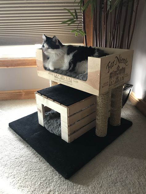 Kitty condo made with wine crate, wood crate, round wood posts, rope and carpet remanent. (Featuring Rocco The Cat) Katt Hus, Kitty Condo, Katt Diy, Katt Grejer, Kat Diy, Chat Diy, Diy Cat Tree, Crate Diy, Cat House Diy