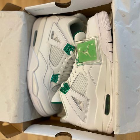 Jordan 4 Retros Metallic Green, Size M 10us, Box And Shows Are Im New Condition Green Air Jordan 4 Sporty Shoes For Sports, Jordan 4 Metallic Green, Green Low-top Air Jordan 4 Sporty Shoes, Jordan 4 Retro Metallic Green, Sporty Green High-top Air Jordan 4, Nike Tn Shoes, Nike Shoes Women Fashion, Pretty Sneakers, Nike Fashion Shoes