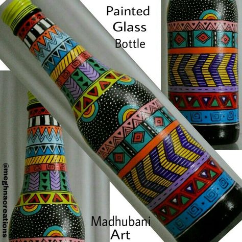 Madhubani Bottle Art, Bottle Art Projects, Medium Acrylics, Painted Glass Bottles, Wine Bottle Lamp, Efficient Packing, Hand Painted Bottles, Glass Bottle Diy, Glass Painting Designs