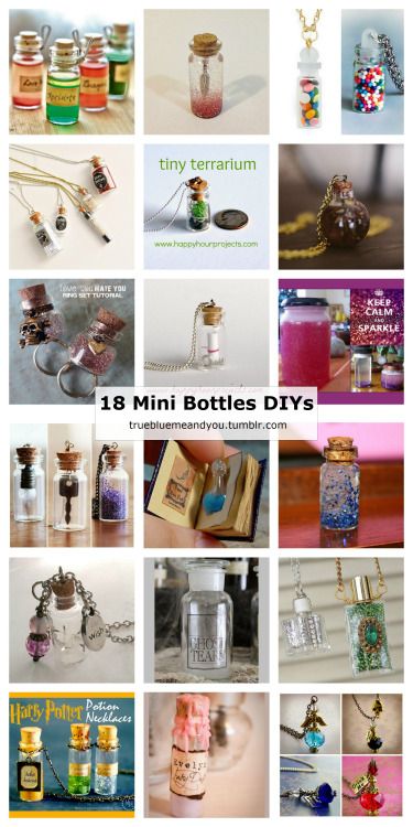 18 Mini Bottle DIYs posted on truebluemeandyou.Many of these... Wolfsbane Potion, Bottle Necklace Diy, Small Glass Bottles, Mini Glass Bottles, Mini Bottle, Mini Jars, Miniature Bottles, Diy Bricolage, Bottle Jewelry