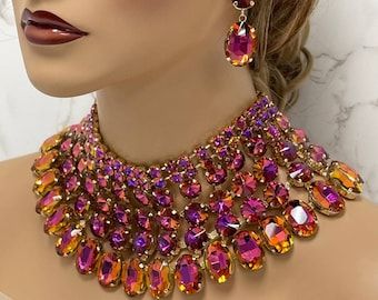 Purple Crystal Necklace, Wedding Jewelry Gold, Prom Jewelry Sets, Ballroom Jewelry, Statement Earrings Wedding, Shoulder Jewelry, Bridal Jewelry Necklace, Queen Jewelry, Evening Jewelry