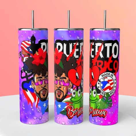 $25.00 Puerto Rico Bad Bunny 20oz Skinny Tumbler Custom Tumbler, Bad Bunny, Custom Tumblers, Puerto Rico, Tumbler