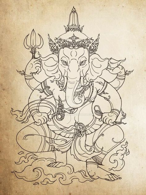 Ganesh Tattoos, Tattoos God, Hindu Tattoos, Ganesh Tattoo, Buddhist Art Drawing, Buddha Tattoos, Ganesha Tattoo, Marquesan Tattoos, Thailand Art