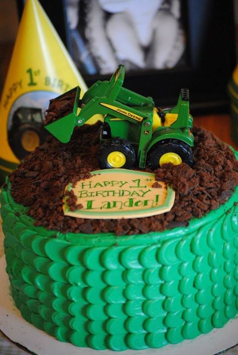 First birthday cake for my nephew! If I wasn't moving at the time I would have made the tractor, but instead he has another toy! Tractor First Birthday Cake, Tractor Smash Cake, John Deere Cake, John Deere Birthday Party, John Deere Birthday, Tractor Cake, Tractor Birthday Party, Spongebob Party, Tractor Birthday