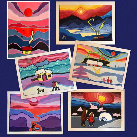 Art Curriculum Elementary, Ted Harrison, Landscape Art Lessons, 8th Grade Art, Winter Art Projects, Classroom Art Projects, School Painting, Art Lessons For Kids, Art Curriculum