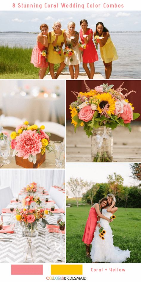 8 Stunning Coral Wedding Color Combinations You'll Love -No.8 Coral and Yellow #colsbm #bridesmaids #weddings #weddingideas #coralweddings b447 Light Coral Wedding Colors, Yellow And Coral Wedding, Coral Colour Wedding Theme, Coral Beach Wedding Decorations, Beach Wedding Flowers Bouquet Coral, Mint Coral Wedding, Coral Wedding Colors, Wedding Color Schemes Summer, Beach Wedding Coral