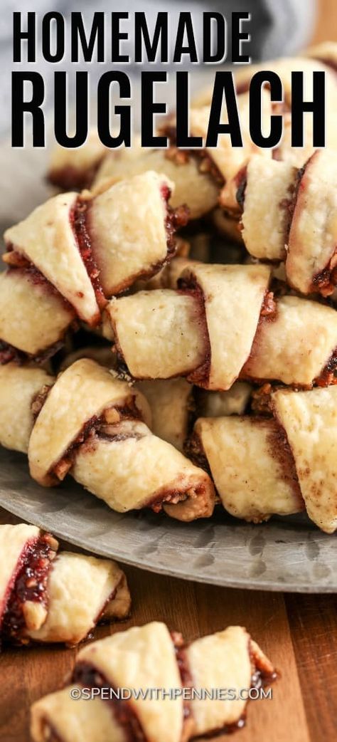 This rugelach recipe is worth every step! A homemade pastry dough it topped with a jam and nut filling and rolled into mini crescent rolls. They are a flakey, slightly chewy, and delicious!#spendwithpennies #rugelach #pastrycookies #cookies #dessert #Jewish Jam Rugelach Recipe, Jewish Recipes Desserts, Jewish Cookies Recipes, Apricot Rugelach Recipe, Jewish Pastries, Jam Filled Cookies, Jewish Cookies, Jewish Desserts, Nut Roll Recipe