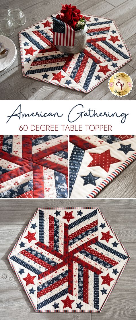 Enjoy the beautiful colors in this lovely star-shaped table-topper featuring the beautiful patriotic American Gathering fabric collection from Moda Fabrics! This table topper will add the perfect touch to your summer decor! Table Topper measures approximately 23½" x 23½". Table Topper Quilt Patterns Free, 4th Of July Table Runner Free Pattern, Christmas Patchwork Table Runner, Gathering Fabric, Quilted Runners, Stars Table Topper, Quilted Placemat Patterns, Quilted Table Runners Christmas, Table Topper Patterns