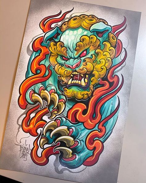 Traditional Tattoo Illustration, David Tevenal, Tato Irezumi, Japanese Foo Dog, Dog Tattoo Design, Foo Dog Tattoo Design, Foo Dog Tattoo, Colored Tattoo Design, Dragon Sleeve Tattoos