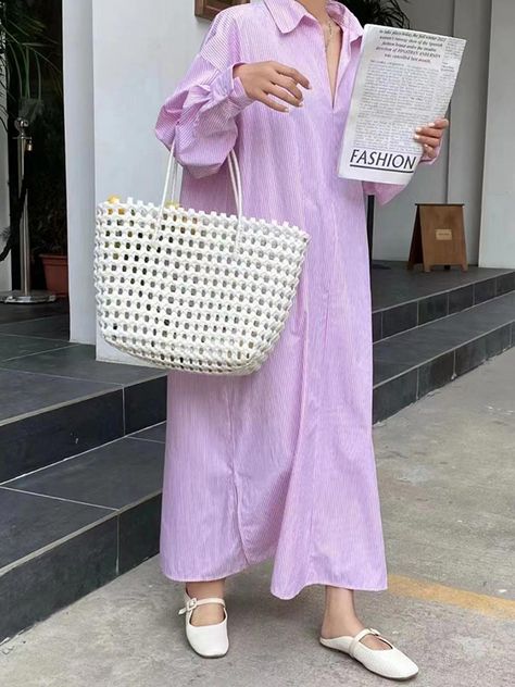 Long Sleeve Jersey Dress, Striped Shirt Dress, Loose Shirts, Dress Shirts For Women, Pink Midi Dress, Midi Shirt Dress, Long Shirt, Striped Long Sleeve, New Arrival Dress