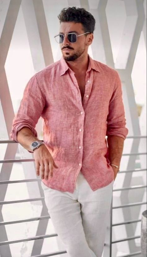 Vineyard Wedding Guest Outfit Men, Pink Linen Shirt Men Outfit, Lenin Shirt Men, Pink Shirt Outfit Men Formal, Pink Linen Shirt Men, Twentea Party, Guayabera Outfit For Men, Linen Men Outfit, Men Wedding Attire Guest